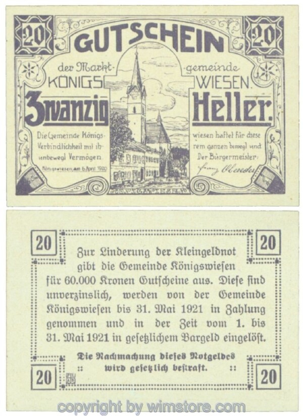 Königswiesen, J00464a, 20 Heller; 1