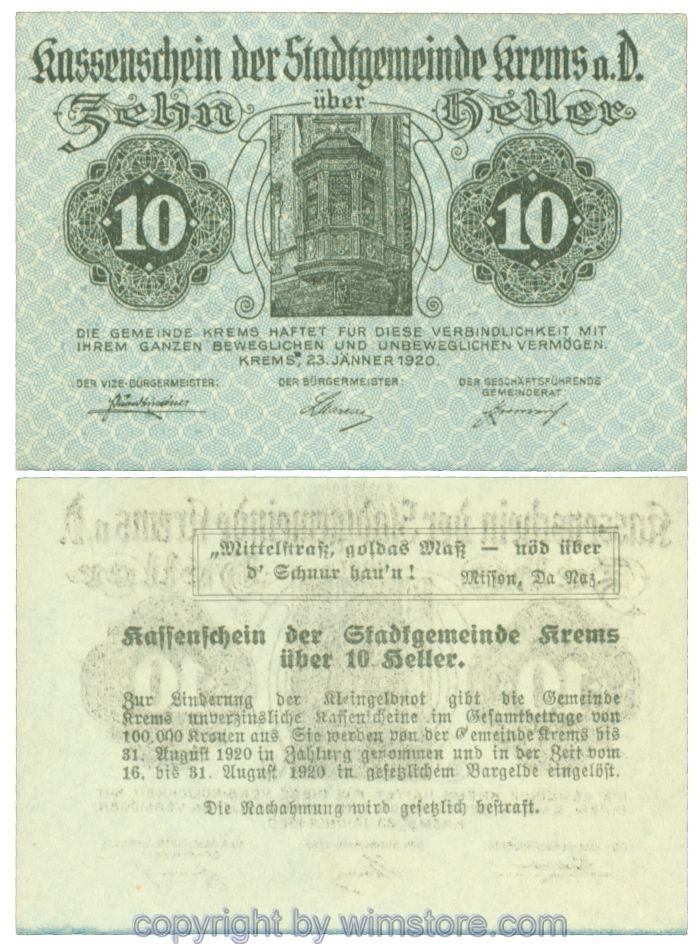 Krems (Stadtgemeinde), J00472I7a, 10 Heller; I