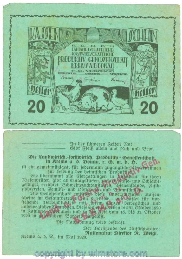 Krems, Prv. Produktiv Genossenschaft, J00473b, 20 Heller; I-
