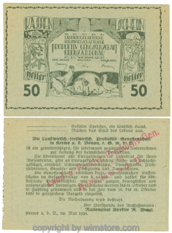 Krems, Prv. Produktiv Genossenschaft, J00473b, 50 Heller; I