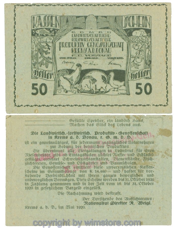 Krems, Prv. Produktiv Genossenschaft, J00473b, 50 Heller; I-