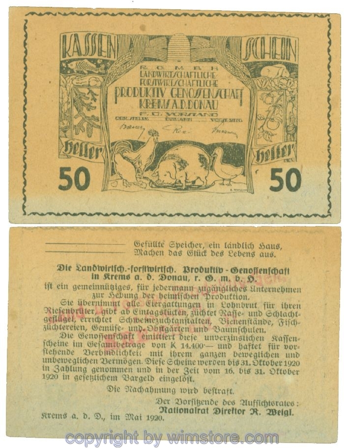 Krems, Prv. Produktiv Genossenschaft, J00473bx, 50 Heller; I