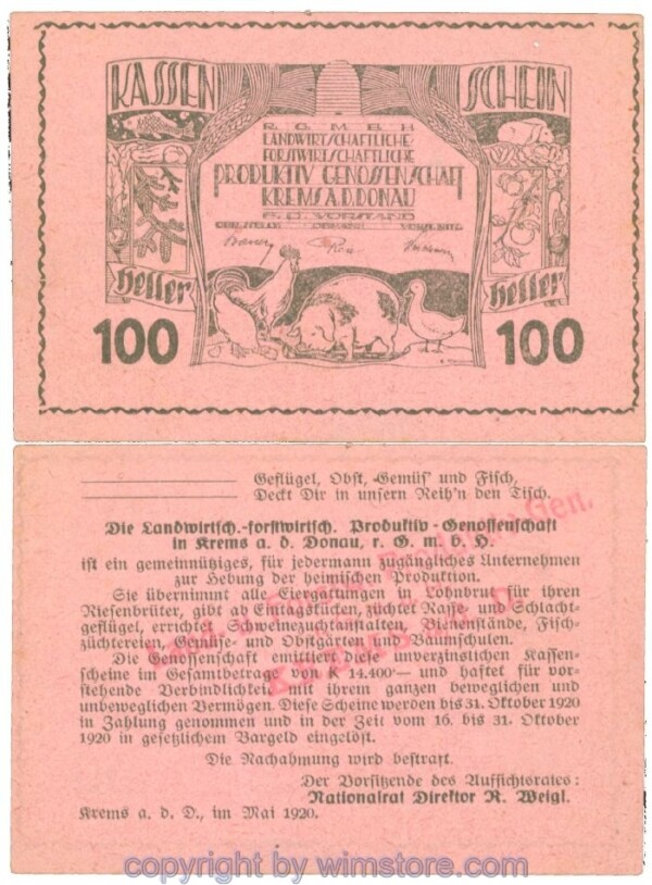 Krems, Prv. Produktiv Genossenschaft, J00473b, 100 Heller; I