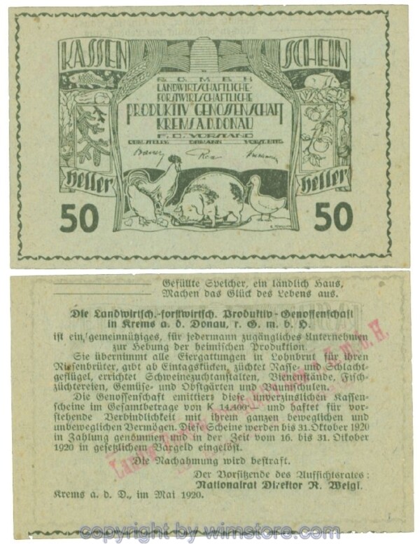 Krems, Prv. Produktiv Genossenschaft, J00473c, 50 Heller; I