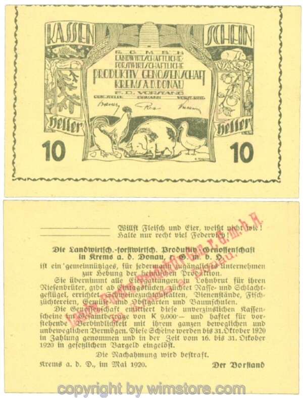 Krems, Prv. Produktiv Genossenschaft, J00473e, 10 Heller; I