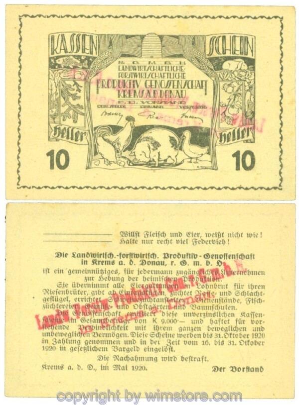 Krems, Prv. Produktiv Genossenschaft, J00473e, 10 Heller; I-