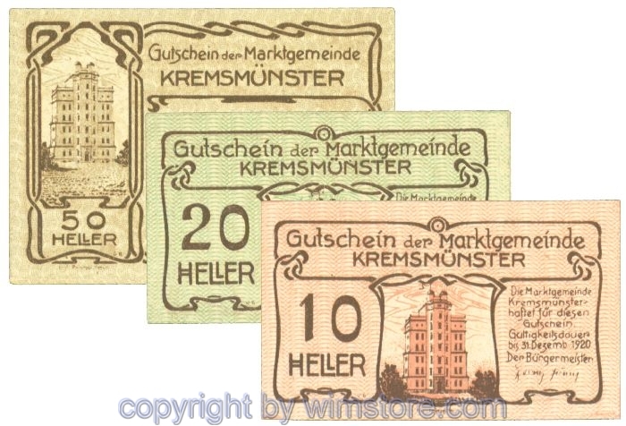 sn107855 Kremsmünster (Marktgemeinde), J00476Ia, Serie 10, 20, 50 Heller; 1