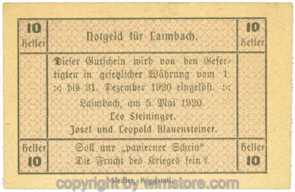 Laimbach, Prv. Leo Steininger, J00495a, 10 Heller; 1