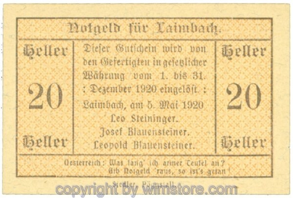 Laimbach, Prv. Leo Steininger, J00495a, 20 Heller; 1