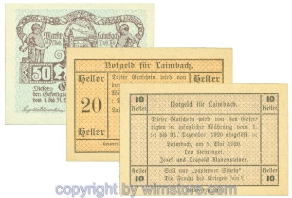 Laimbach, Prv. Leo Steininger, J00495a, Serie 10, 20, 50 Heller; 1