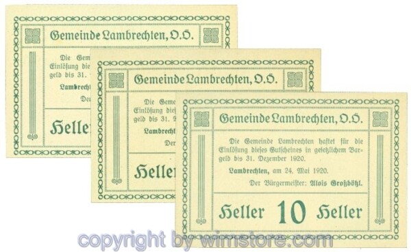 Lambrechten, J00497b, Serie 10, 20, 50 Heller; 1