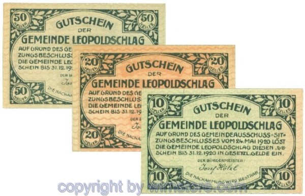 Leopoldschlag, J00516, Serie 10, 20, 50 Heller; 1