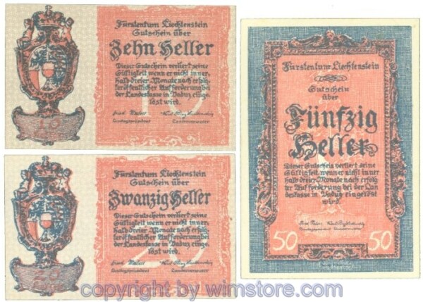 Liechtenstein, Landeskasse Vaduz, J00522, Serie 10, 20, 50 Heller; 1