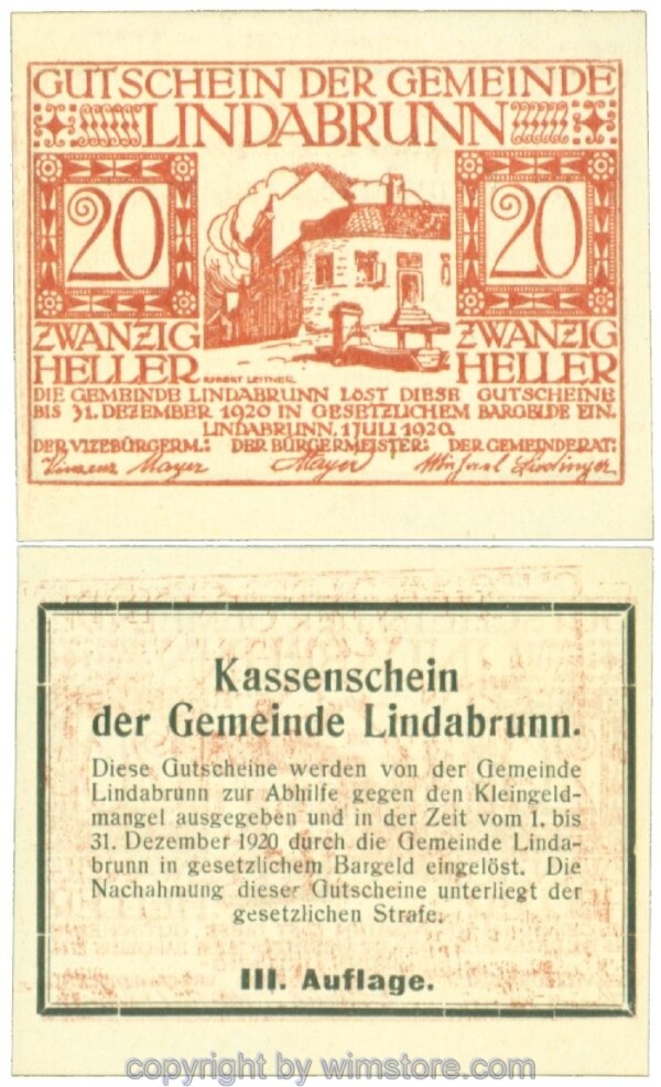Lindabrunn, J00527SIIIh, 20 Heller; 1