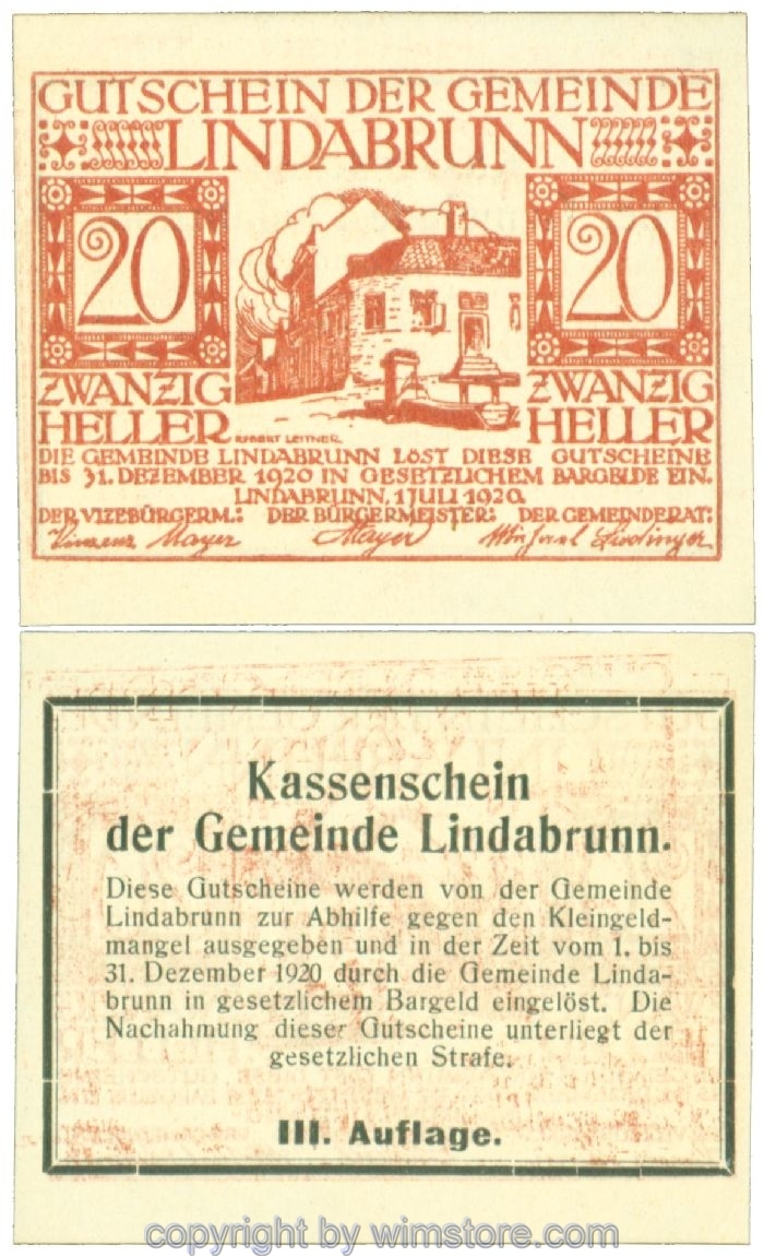 Lindabrunn, J00527SIIIh, 20 Heller; 1