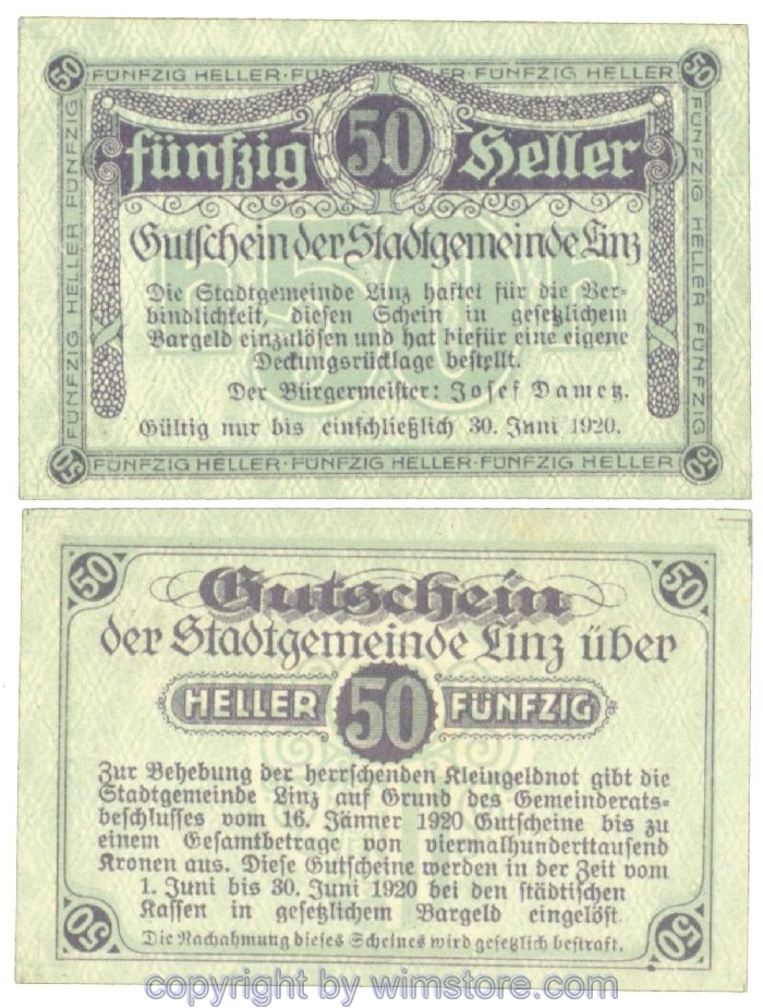 sn108310 Linz, J00529b, 50 Heller; 1