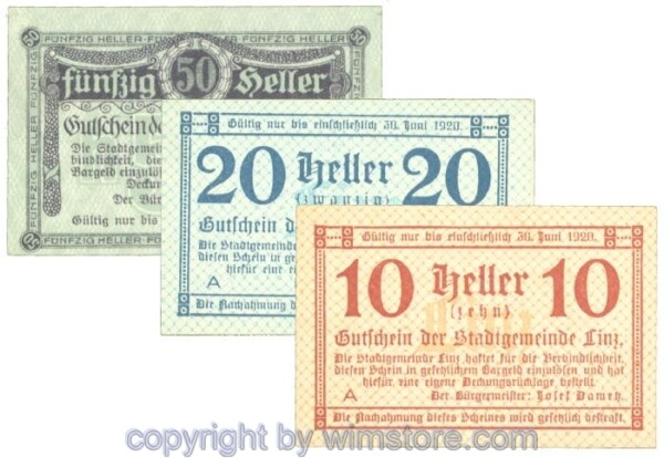 sn108311 Linz, J00529b, Serie 10, 20, 50 Heller; 1