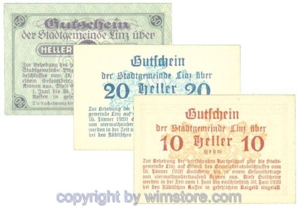 sn108311a Linz, J00529b, Serie 10, 20, 50 Heller; 1