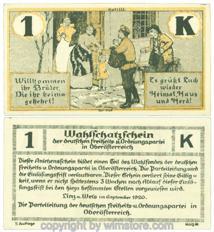 sn108321 Linz, Prv. Dt. Freiheits- und Ordnungspartei, J00530b3, 1 Krone; 1