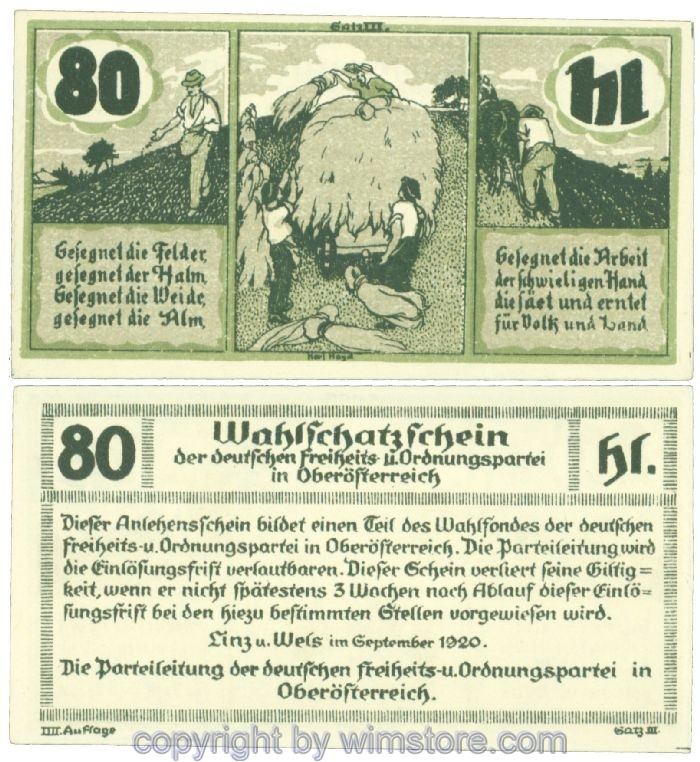 sn108331 Linz, Prv. Dt. Freiheits- und Ordnungspartei, J00530d3, 80 Heller; 1