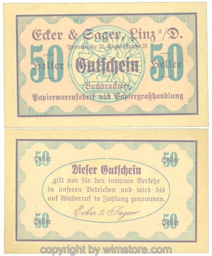 sn108335 Linz, Prv. Ecker & Sager, Buchdruckerei, J00532b, 50 Heller; 1