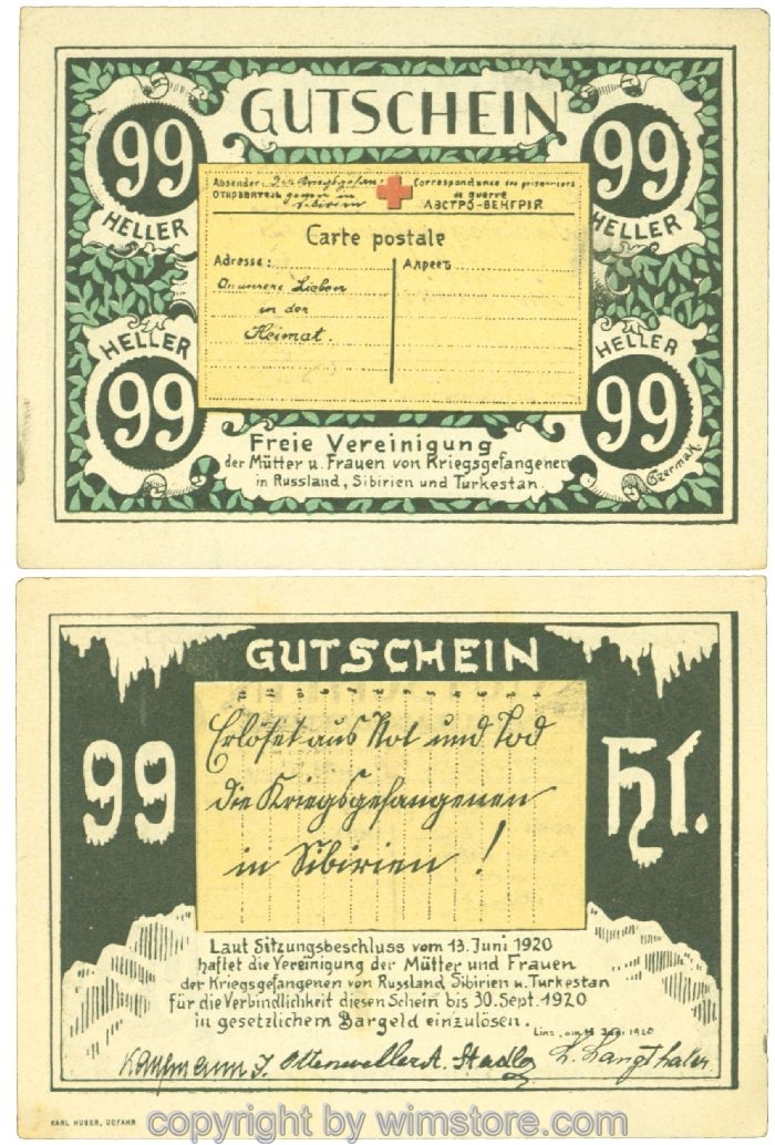 sn108352 Linz, Prv. Freie Vereinigung der Mütter und Frauen von Kriegsgefangenen, J00536, 99 Heller; 1-