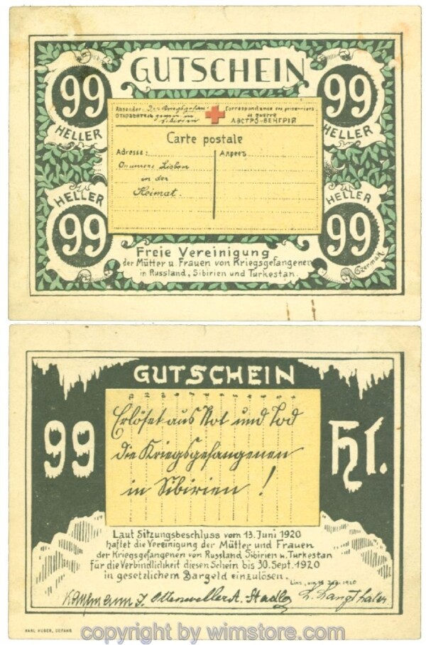 Linz, Prv. Freie Vereinigung der Mütter und Frauen von Kriegsgefangenen, J00536, 99 Heller; 2