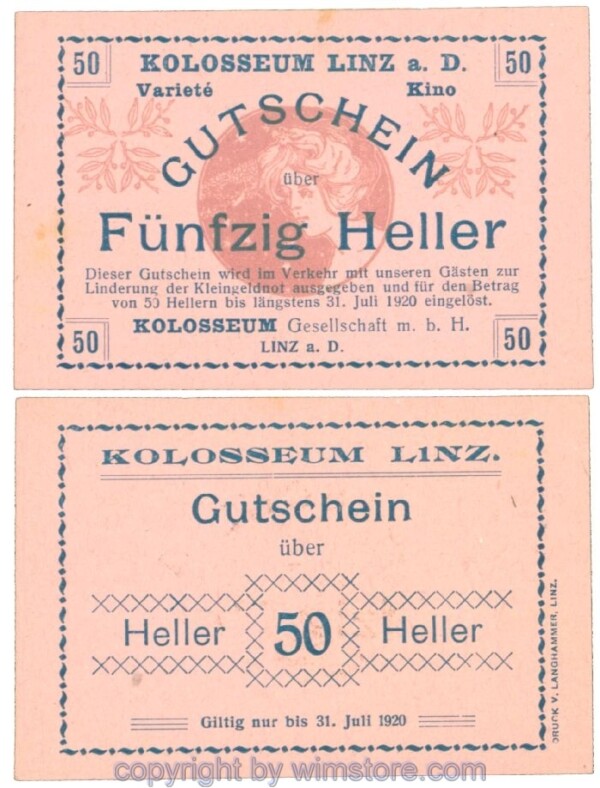 Linz, Prv. Kolosseum, J00546IIa2, 50 Heller; 1-, fleckig