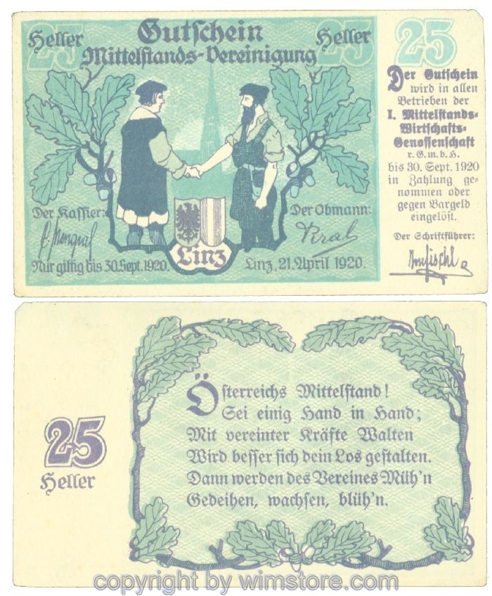 Linz, Prv. I. Mittelstand-Wirtschafts-Genossenschaft, J00550a1, 25 Heller; 1