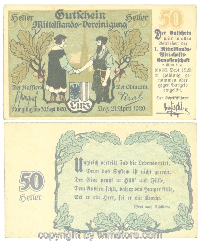 Linz, Prv. I. Mittelstand-Wirtschafts-Genossenschaft, J00550a1, 50 Heller; 1