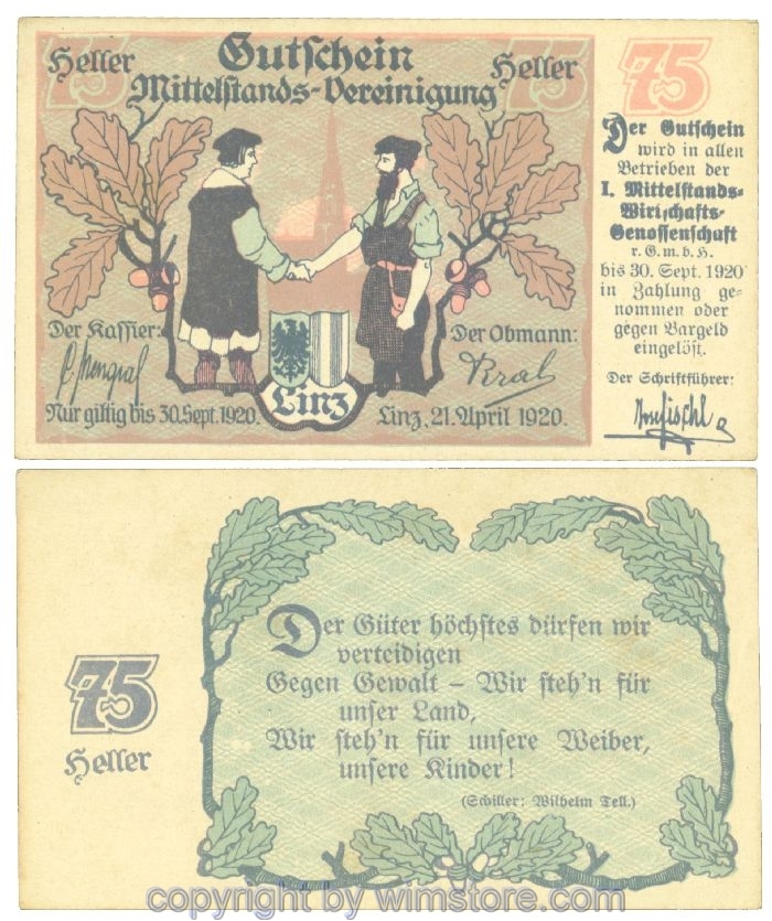 sn108361 Linz, Prv. I. Mittelstand-Wirtschafts-Genossenschaft, J00550a1, 75 Heller; 1