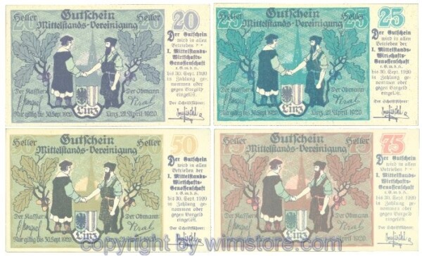 Linz, Prv. I. Mittelstand-Wirtschafts-Genossenschaft, J00550a1, Serie 20, 25, 50, 75 Heller; 1
