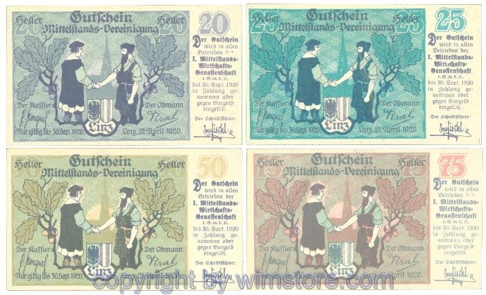 sn108362 Linz, Prv. I. Mittelstand-Wirtschafts-Genossenschaft, J00550a1, Serie 20, 25, 50, 75 Heller; 1