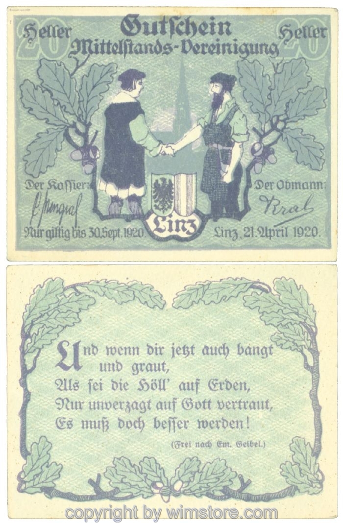 sn108363 Linz, Prv. I. Mittelstand-Wirtschafts-Genossenschaft, J00550a2, 20 Heller; 1