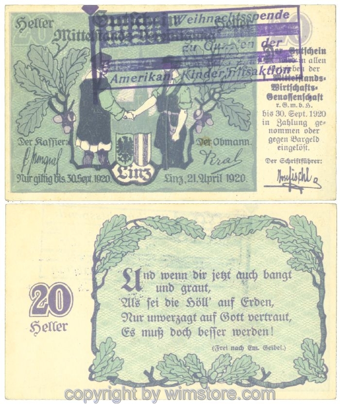 sn108365 Linz, Prv. I. Mittelstand-Wirtschafts-Genossenschaft, J00550b, 20 Heller; 1