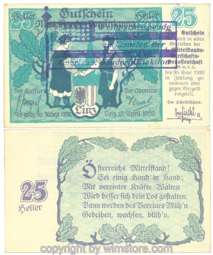 sn108366 Linz, Prv. I. Mittelstand-Wirtschafts-Genossenschaft, J00550b, 25 Heller; 1
