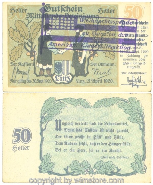 Linz, Prv. I. Mittelstand-Wirtschafts-Genossenschaft, J00550b, 50 Heller; 1