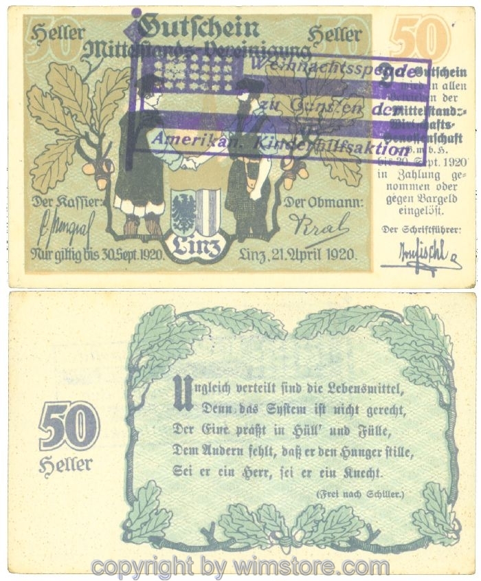 sn108367 Linz, Prv. I. Mittelstand-Wirtschafts-Genossenschaft, J00550b, 50 Heller; 1