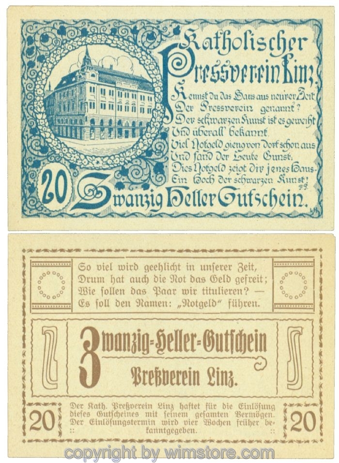 sn108370 Linz, Prv. Pressverein Linz, J00553Ib, 20 Heller; 1