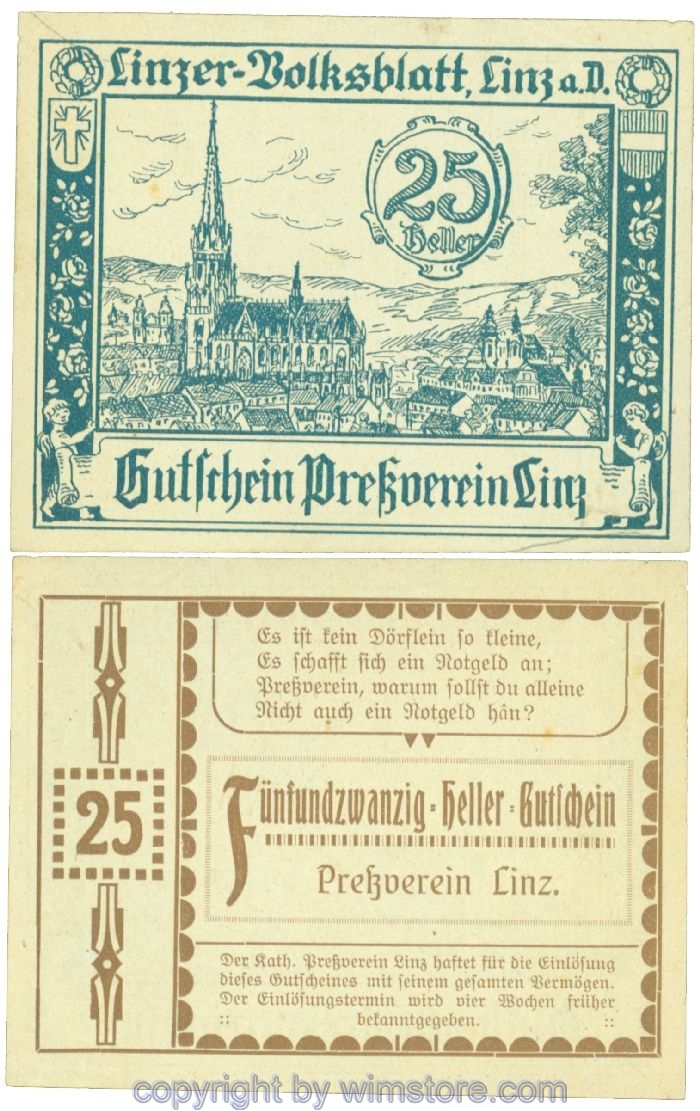 sn108371 Linz, Prv. Pressverein Linz, J00553Ib, 25 Heller; 1