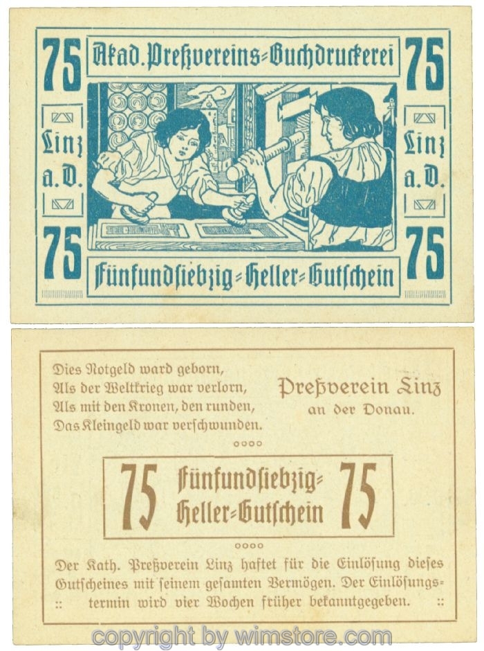 sn108373 Linz, Prv. Pressverein Linz, J00553Ib, 75 Heller; 1