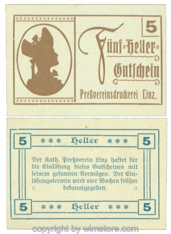 sn108375 Linz, Prv. Pressverein Linz, J00553Ic, 5 Heller; 1-