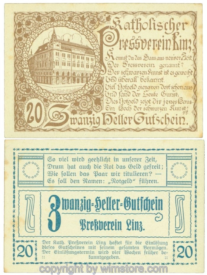 sn108376 Linz, Prv. Pressverein Linz, J00553Ic, 20 Heller; 1-