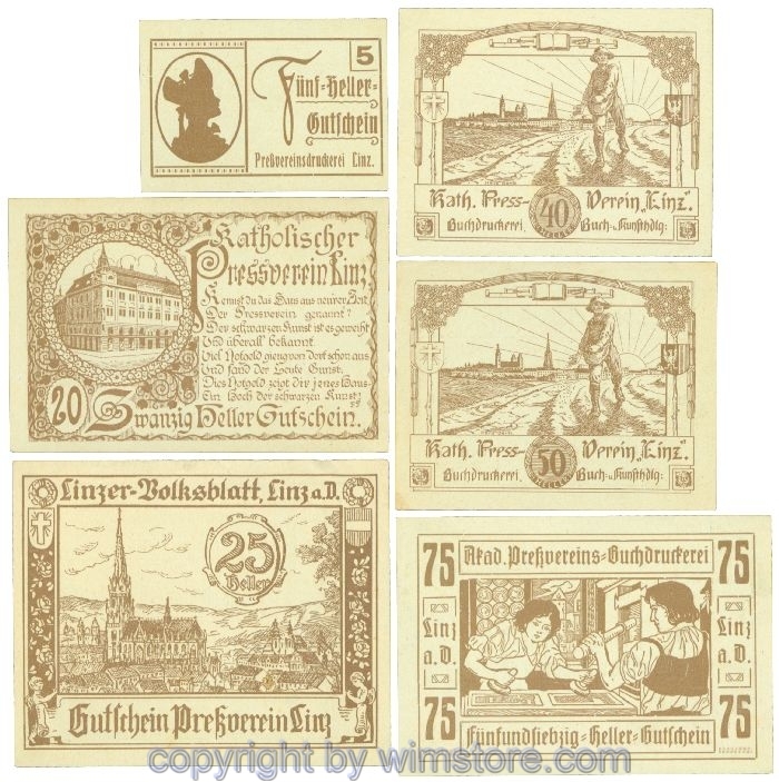 sn108380 Linz, Prv. Pressverein Linz, J00553Ic, Serie 5, 20, 25, 40, 50, 75 Heller; 1-