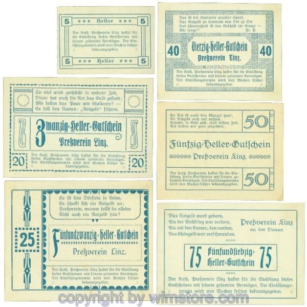 Linz, Prv. Pressverein Linz, J00553Ic, Serie 5, 20, 25, 40, 50, 75 Heller; 1-