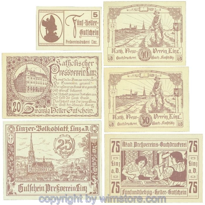 sn108386 Linz, Prv. Pressverein Linz, J00553If, Serie 5, 20, 25, 40, 50, 75 Heller; 1
