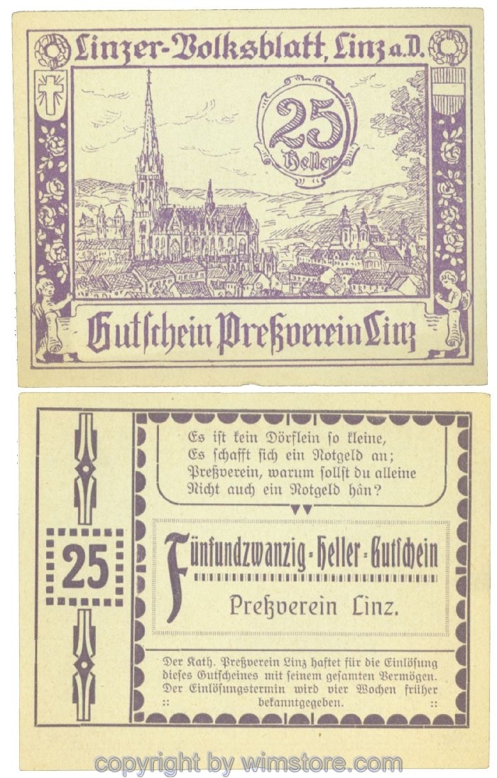 sn108388 Linz, Prv. Pressverein Linz, J00553Ig, 25 Heller; 1