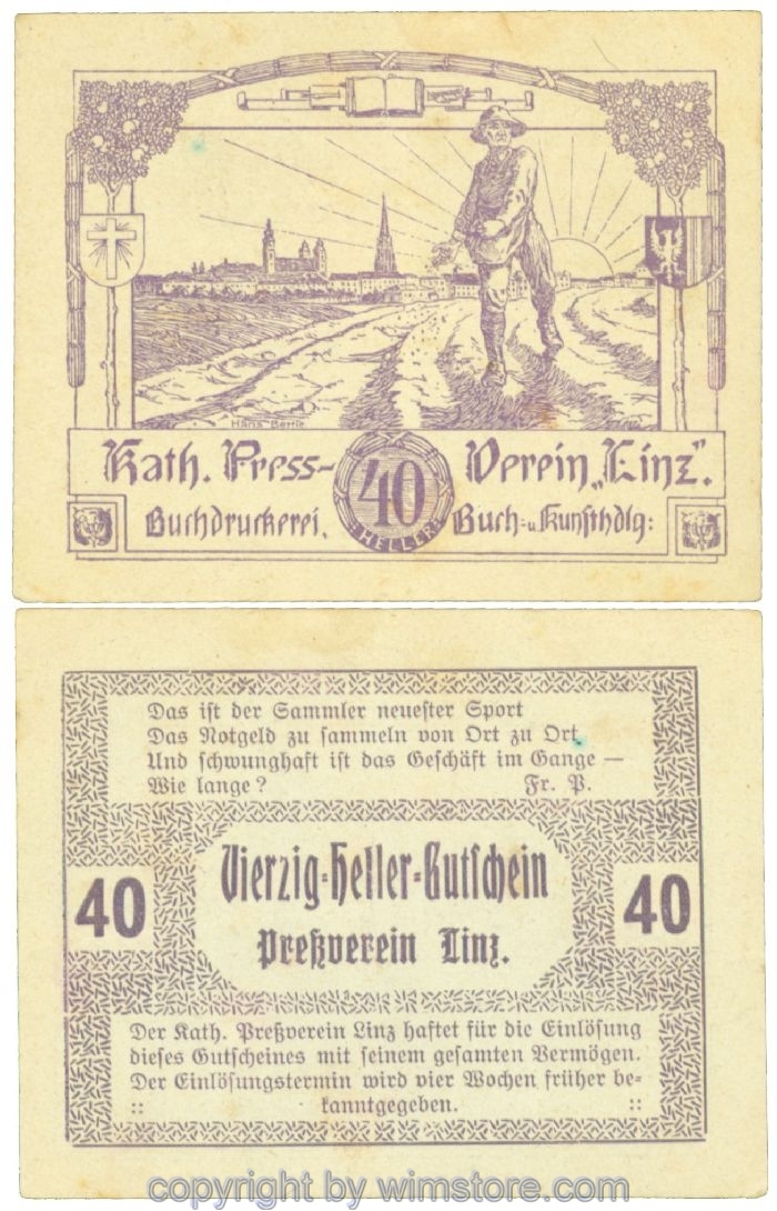 sn108389 Linz, Prv. Pressverein Linz, J00553Ig, 40 Heller; 1-