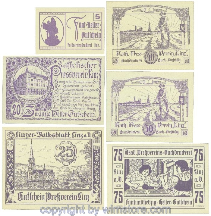 sn108390 Linz, Prv. Pressverein Linz, J00553Ig, Serie 5, 20, 25, 40, 50, 75 Heller; 1