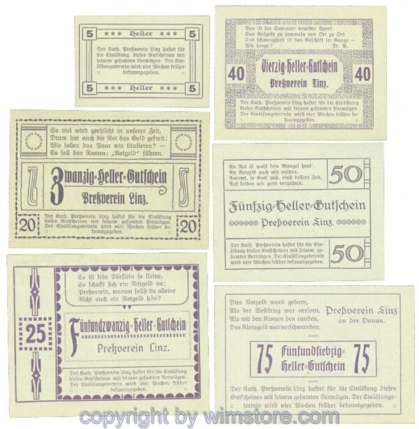 Linz, Prv. Pressverein Linz, J00553Ig, Serie 5, 20, 25, 40, 50, 75 Heller; 1